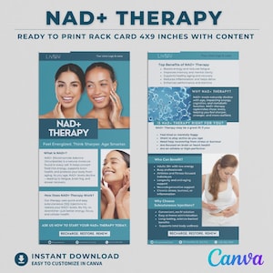 Modello di terapia NAD, iniezione sottocutanea di NAD+, modificabile su Canva per la clinica del benessere, volantino NAD+, scheda funzionale per la medicina rigenerativa