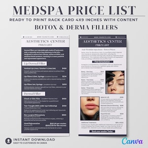 Modello di listino prezzi MedSpa, scheda espositore Botox, filler dermici, modificabile su Canva per infermieri iniettori e centro estetico, scheda menu prezzi estetica