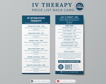 IV Therapy Menu Rack Card Template MedSpa and wellness Pricing Guide (Canva Printable)