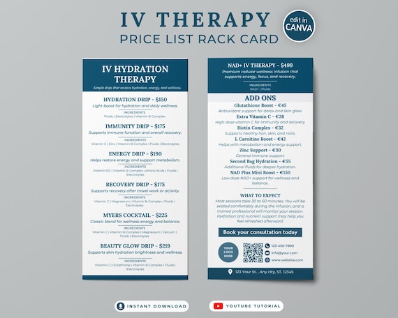 IV Therapy Menu Rack Card Template Medspa and Wellness Pricing Guide (canva  Printable)