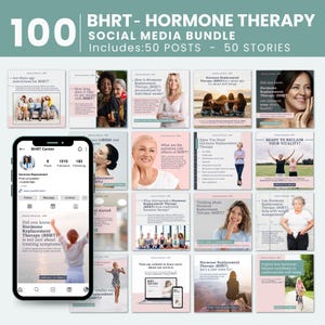 May include: A social media bundle for hormone replacement therapy (BHRT) businesses. The bundle includes 50 posts and 50 stories. The image shows a grid of 12 social media posts with various topics related to BHRT, such as age restrictions, side effects, and benefits. The image also includes a mock-up of a smartphone displaying a BHRT center's Instagram profile.