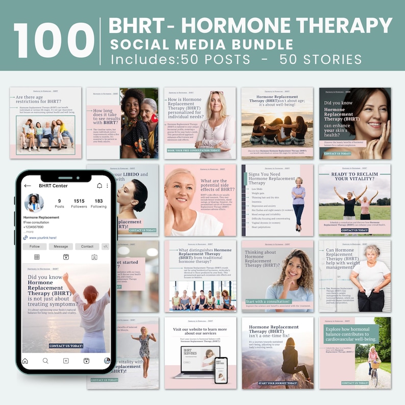 May include: A social media bundle for hormone replacement therapy (BHRT) businesses. The bundle includes 50 posts and 50 stories. The image shows a grid of 12 social media posts with various topics related to BHRT, such as age restrictions, side effects, and benefits. The image also includes a mock-up of a smartphone displaying a BHRT center's Instagram profile.