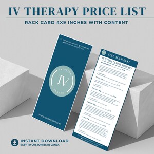 May include: A rack card with the text "IV THERAPY PRICE LIST" and "RACK CARD 4X9 INCHES WITH CONTENT". The card features a teal and white design with the words "INFUSION IV CENTER" and "WWW.YOURWEBSITE.COM".