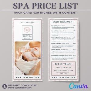 Modelo de cartão de visita para lista de preços de spa de bem-estar Menu de tratamento de pele Canva Folha de preços de serviços de massagem editável Design de marketing de spa holístico