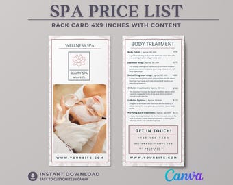 Wellness Spa Prijslijst Rack Card Template Huidverzorging Behandelingsmenu Canva Bewerkbaar Massage Services Prijsblad Holistisch spamarketingontwerp