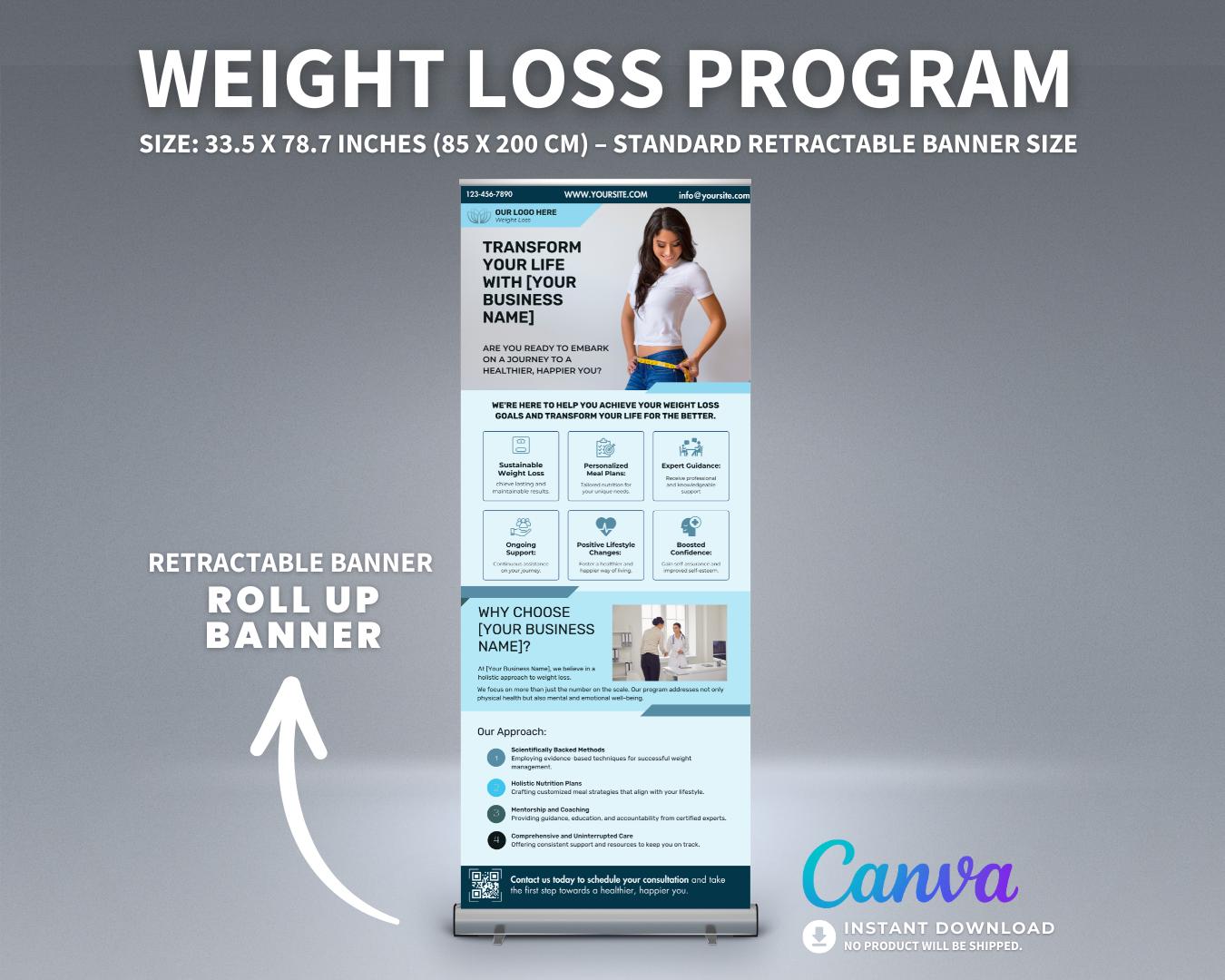 Weight Loss Banner Template Medical Wellness Retractable Banner Canva Editable Weight Loss Pull Up Promotional Sign Health Clinic Display