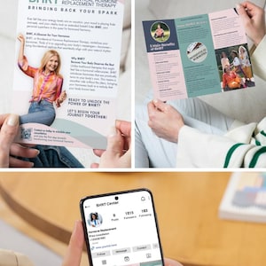 May include: A Canva template for a hormone therapy business. The template includes a brochure with the text "BHRT - Bio-identical Hormone Replacement Therapy" and a social media post with the text "BHRT Center".