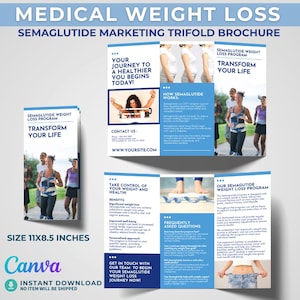 Könnte beinhalten: Blau-weiße Broschüre für ein medizinisches Gewichtsabnahmeprogramm. Die dreifach gefaltete Broschüre zeigt den Text „Medical Weight Loss“ und „Semaglutide Marketing Trifold Brochure“. Die Broschüre misst 28 x 21,6 cm und enthält „Transform Your Life“.
