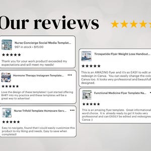 K&ouml;nnte beinhalten: Bild mit Kundenbewertungen mit der &Uuml;berschrift "Our reviews" und f&uuml;nf goldenen Sternen. Die Bewertungen beziehen sich auf Vorlagen, darunter Social-Media-, Instagram- und Flyer-Vorlagen. Die Bewertungen heben die Benutzerfreundlichkeit und das professionelle Design hervor.