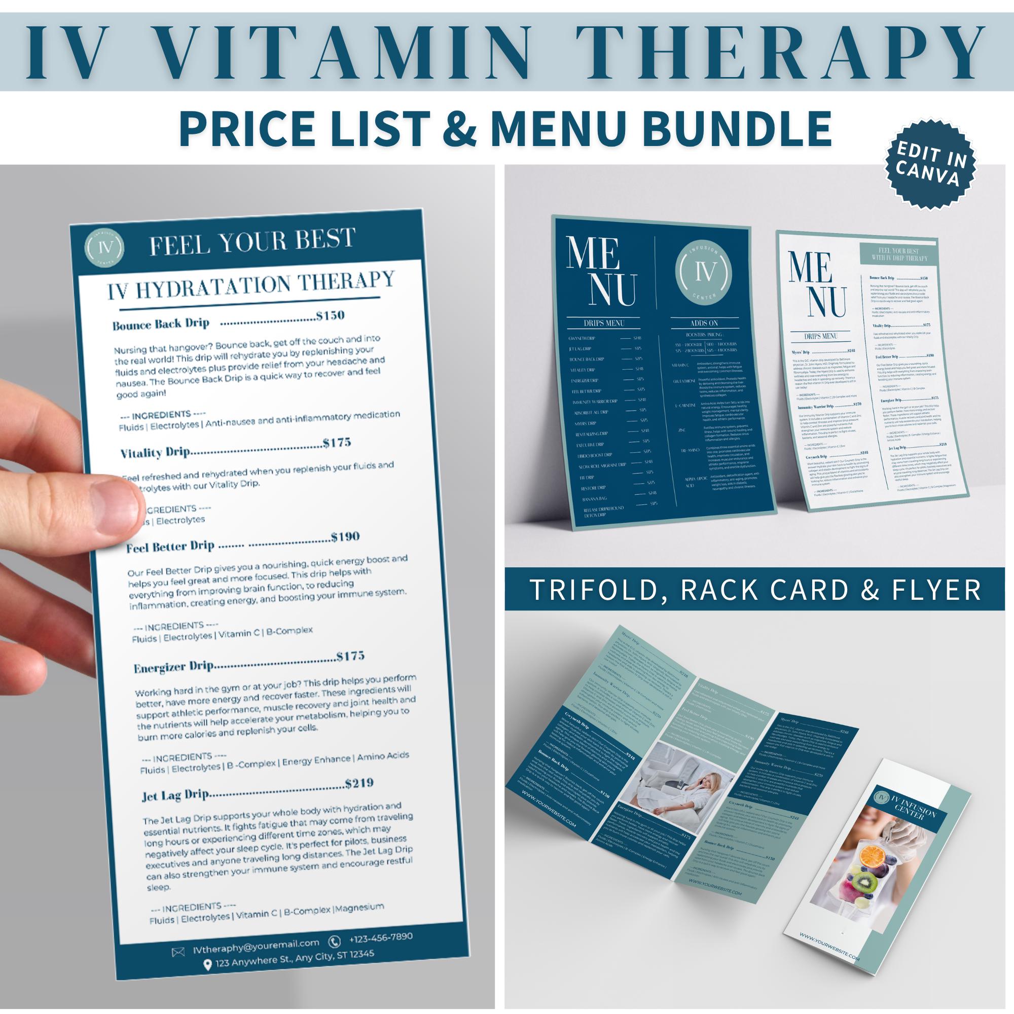 IV Therapy Menu Bundle IV Drip Marketing template iv Infusion Price List Brochure Canva IV Hydration Flyer Editable Wellness Services Kit