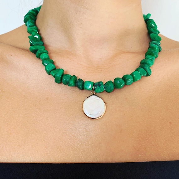 Collier De Perles De Culture Cerclé Vert Foncé - Argent 925 Plaqué Or, Neuf Sans Emballage