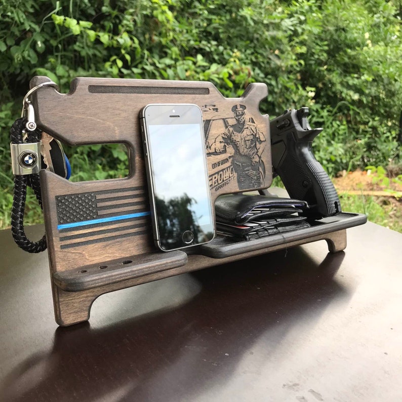 Nightstand Organizer with Gun Holder, Charging Station Phone and Wood