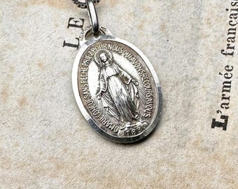Antique French Miraculous Medal Necklace, 1930s Silver Religious Pendant
