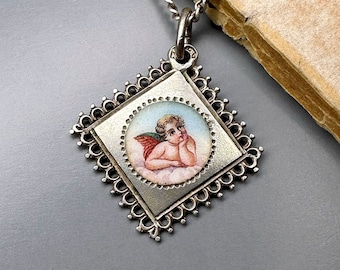 Medalhão de anjo da guarda em esmalte alemão, amuleto da sorte em prata esterlina de 18"