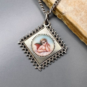 German Enamel Guardian Angel Medallion, 18&quot; Sterling Silver Lucky Charm