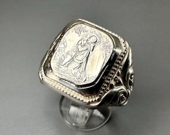 Antique Saint Bruno Ring - Silver Signet Ring, US Size 9 1/2