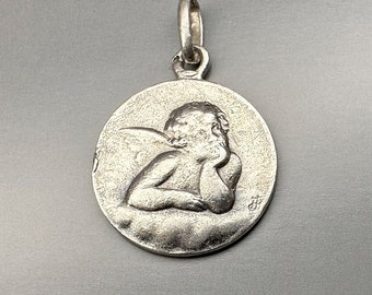 Antique Silver Angel Pendant: French Cherub Medal, Lucky Charm