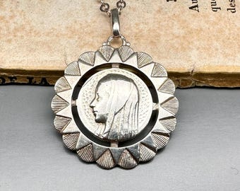 Antique French Silver Virgin Mary Medal Necklace: Art Deco Religious Pendant