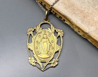 Antique Virgin Mary Necklace, Silver Religious Medallion, French Vermeil Pendant