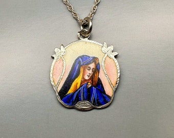 Vintage Pink Enamel Virgin Mary Sterling Silver Necklace 23"