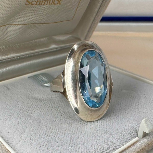 German Art Deco Ring, Vintage Aquamarine Blue Ring, Spinel Ring, Sterling Silver, US Size 7