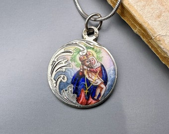 Austrian Silver Enamel Pieta Medal, 16" Antique Protection Necklace