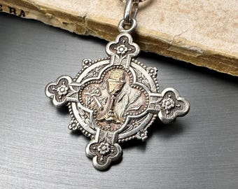 Antique French Cross Medal, Silver Medallion on a Chain, 1st Communion