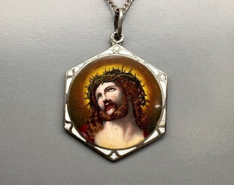 Antique Jesus Necklace, Silver Enamel German Jesus Pendant