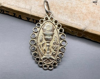 French Silver Vermeil Pendant, 1st Communion Charm, Antique Religious Medal