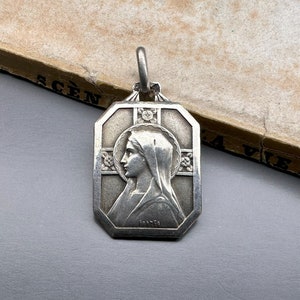 Vintage religiöse Medaille, Jungfrau Maria, französischer Silberanhänger