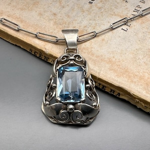 Antique German Blue Topaz Pendant, Handmade 800 Silver Pendant, Art Deco