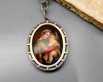 Antique Religious Necklace, Madonna and Child Pendant, Virgin of The Chair
