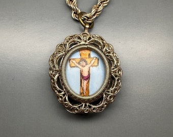 Enamel German Virgin Mary Pendant, 17" Necklace, Sterling Silver