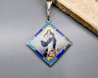 Antique Virgin Mary Pendant, German Enamel Religious Medal on a Chain