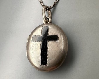 Antique German Photo Medallion, Silver Enamel Black Cross Locket