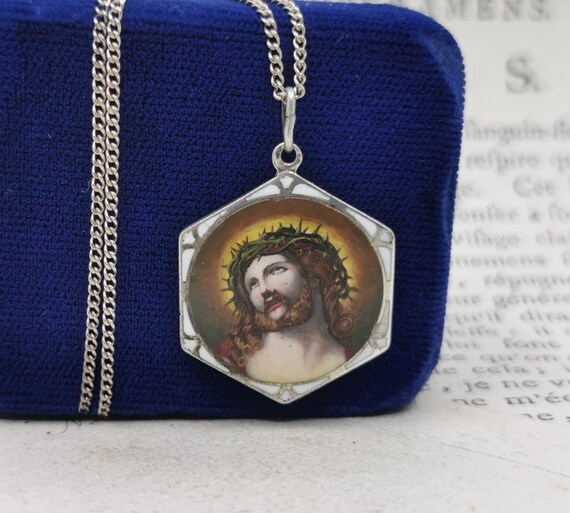 Antique Jesus Necklace, Silver Enamel German Jesus