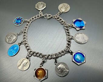 Antique Silver Bracelet, French Religious Bracelet, Rare Mother Mary Charms