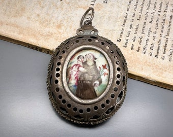 Large St Anthony Pendant, Religious Medal, Saint-Antoine Reliquary Type Pendant