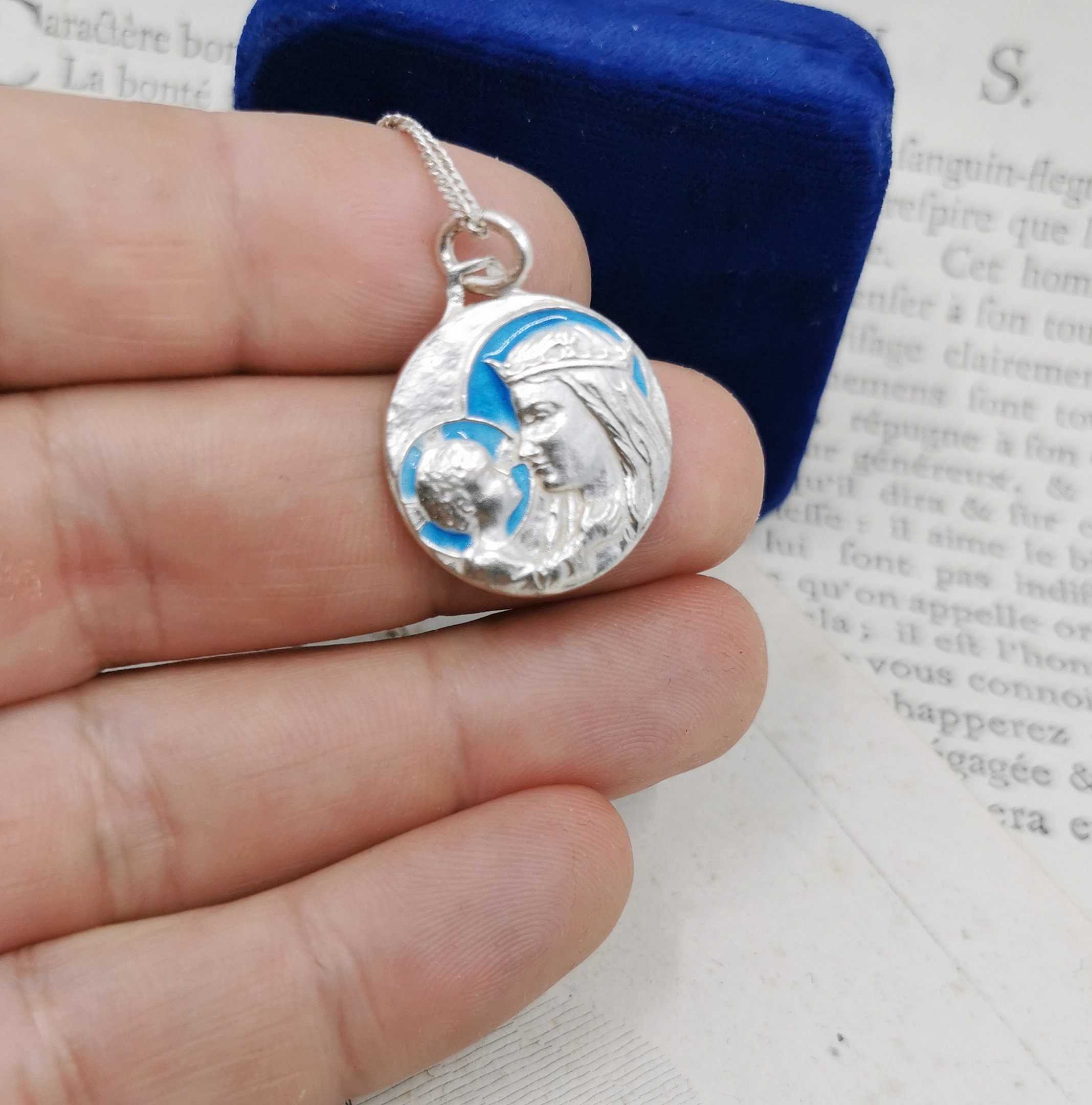 15" Sterling Virgin Mary Necklace, French Madonna and Child Medal - Etsy