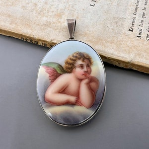 Antique Silver Angel Medallion, Cherubim, Cherub Angel, Raphael Angel Cherub