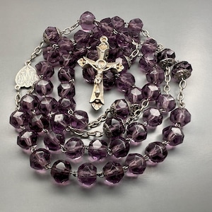 Vintage French Rosary, Purple Glass Faceted Rosary, Catholic Prayer Beads, St. Benedict Medal