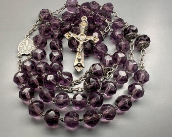 Vintage French Rosary, Purple Glass Faceted Rosary, Catholic Prayer Beads, St. Benedict Medal