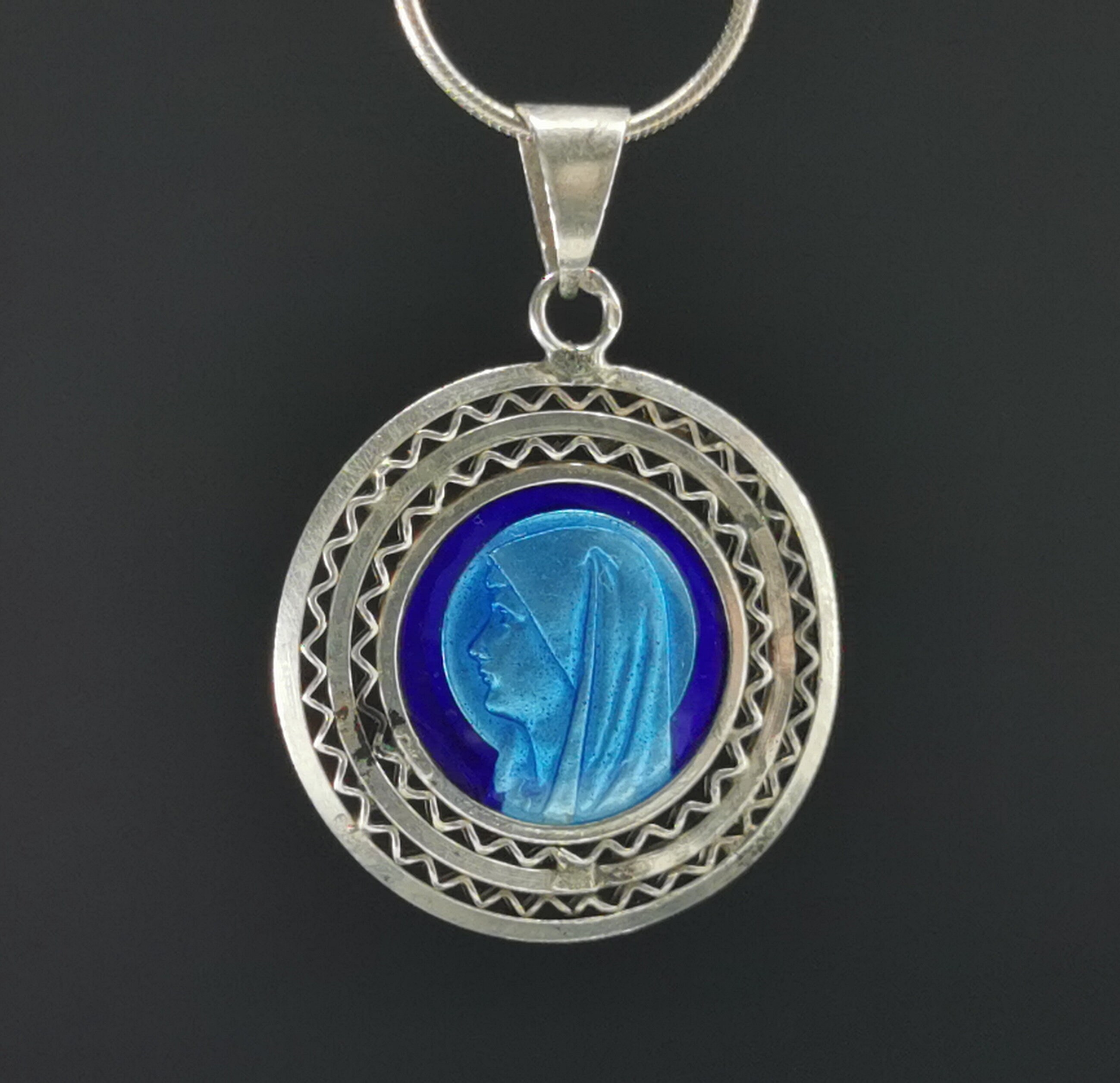 Enamel Virgin Mary Pendant 14K Yellow Gold Sterling Silver