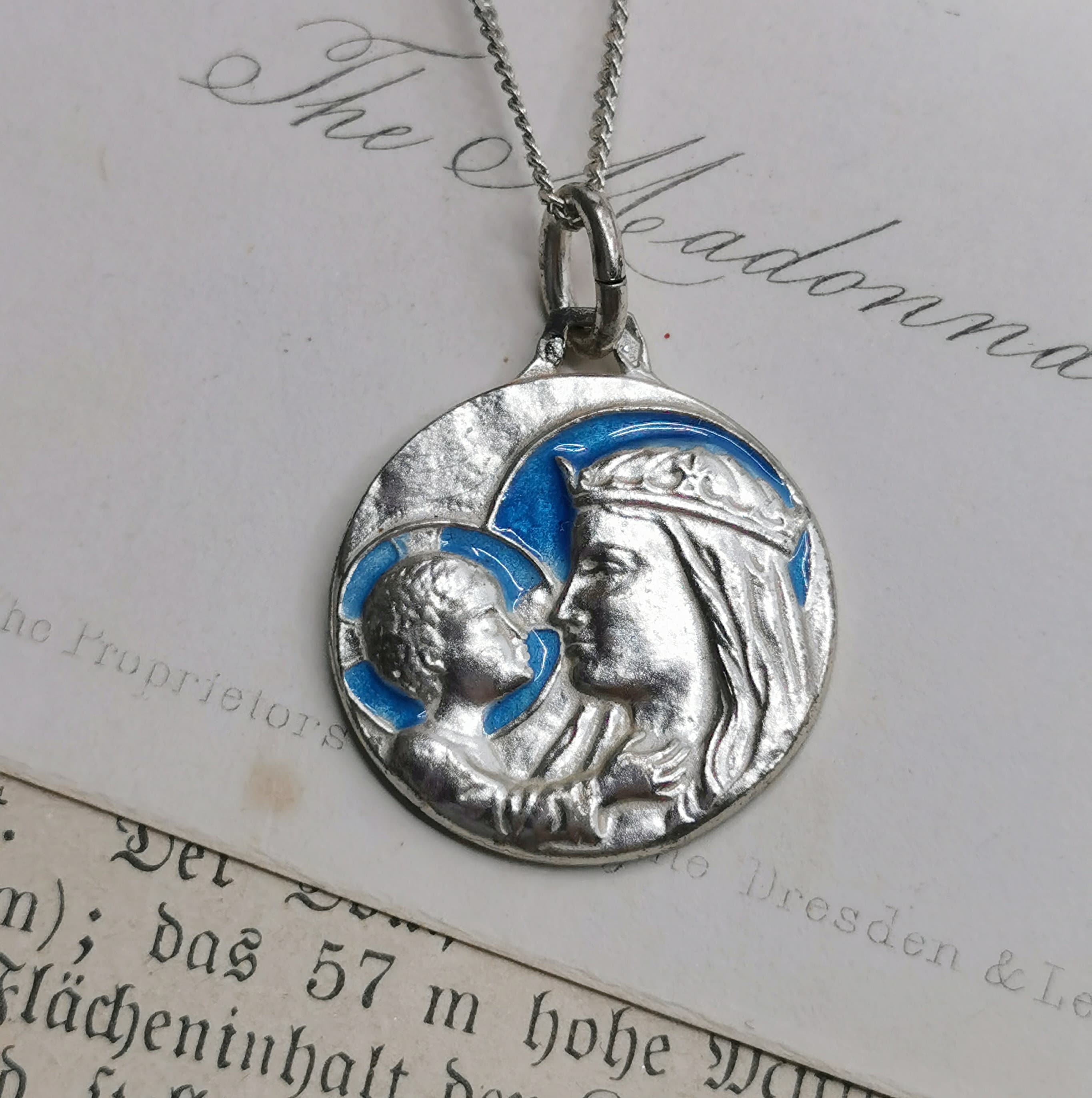 15" Sterling Virgin Mary Necklace, French Madonna and Child Medal - Etsy