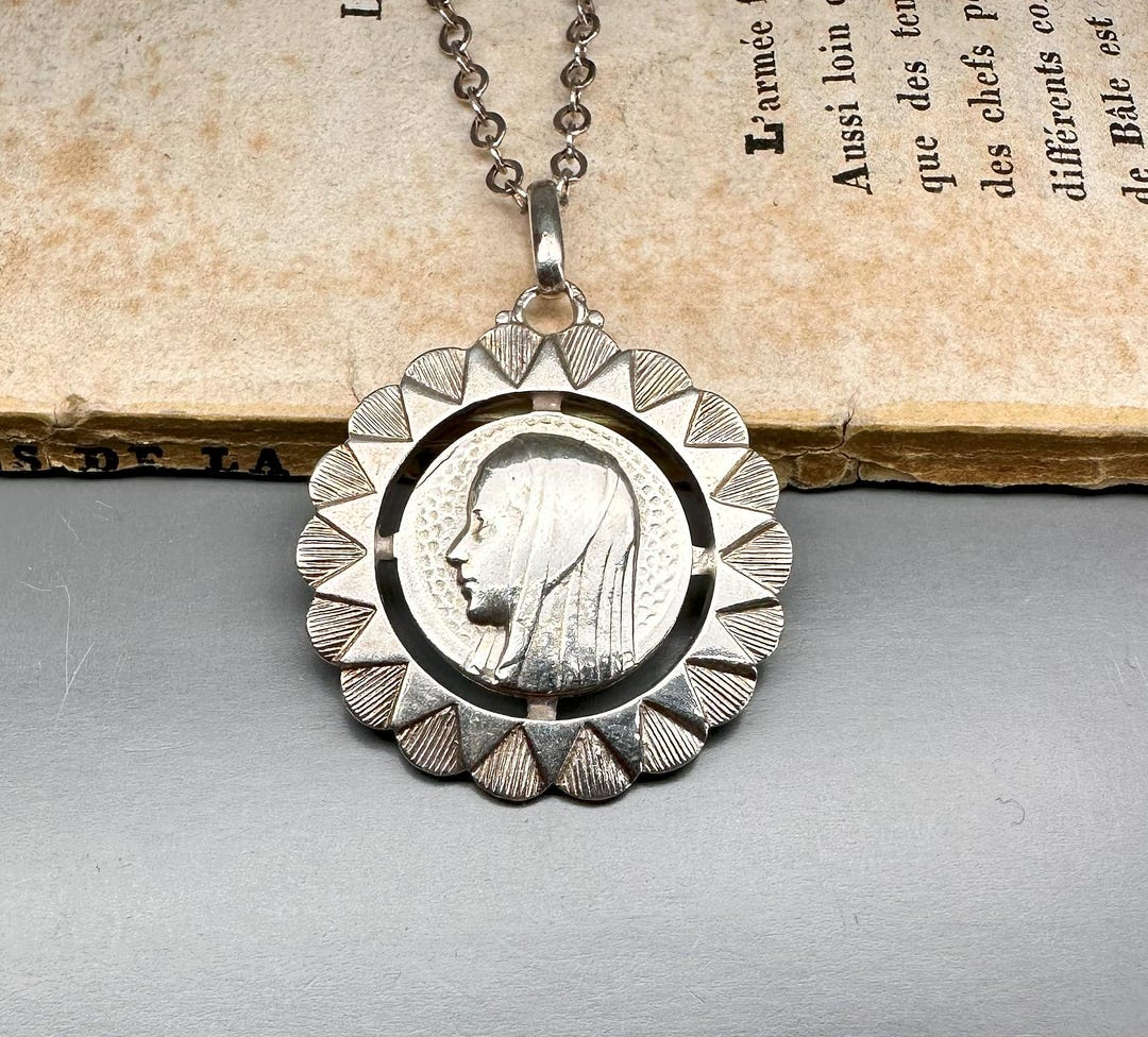 Antique French Silver Virgin Mary Medal Necklace: Art Deco Religious ...