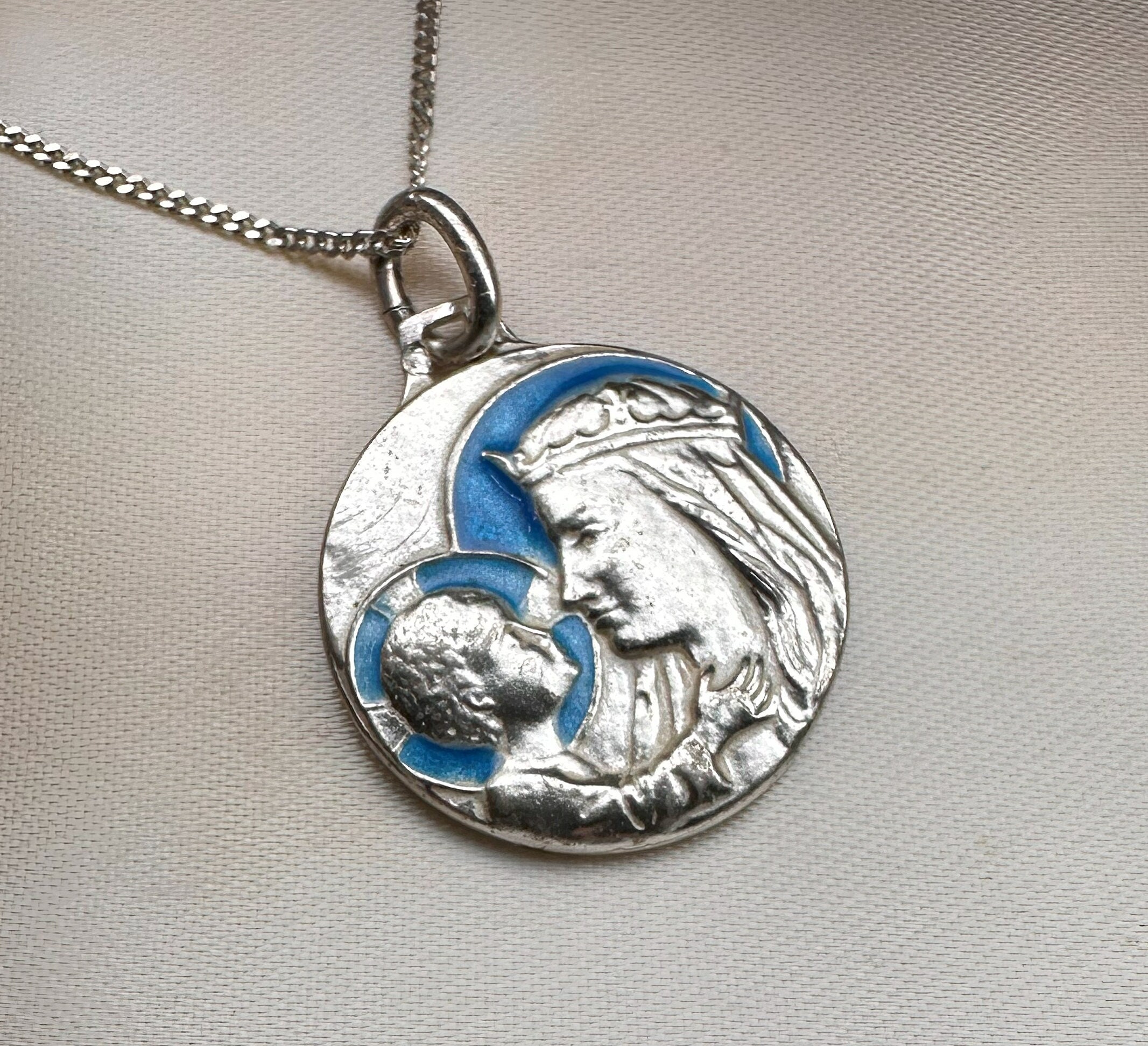 15" Sterling Virgin Mary Necklace, French Madonna and Child Medal - Etsy
