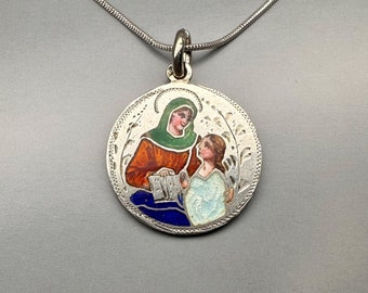 Antique Enamel Saint Anne Medal, German Religious Pendant, Mother of Virgin Mary