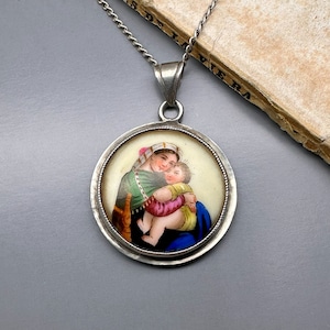 20&quot; Mother Mary Necklace, German Religious Pendant, Virgin of the Chair