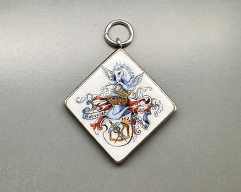Antique Knight Medal, Silver German Enamel Pendant, Aesculap, Flying Horse