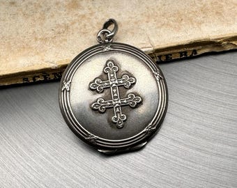 Antique French Silver Locket, Cross of Lorraine